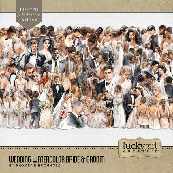 Celebrate the new Mr. and Mrs. and remember the beautiful wedding day with watercolor bride and groom embellishments by Lucky Girl Creative digital art for digital scrapbooking showcasing race diversity couples in various skin tones. Perfect for the ceremony at the church, the vows, and the reception. Embellishments include the bride, the groom, wedding couple, newly weds, Mr., and Mrs., bridesmaids, and groomsmen. This kit is NOT included in the any bundle.