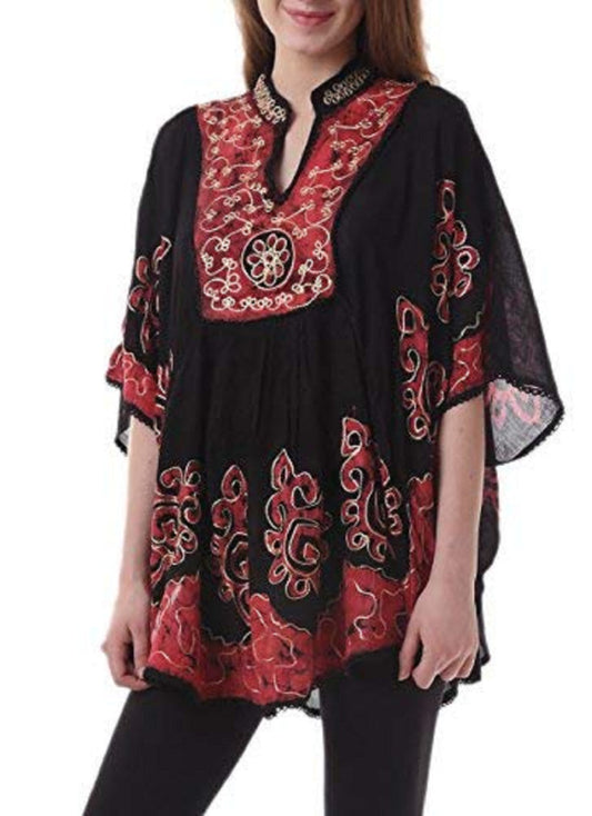 Whitewhale Womens Collar V Neck Rayon Kaftan Batik Poncho Kurti Top - Free Size