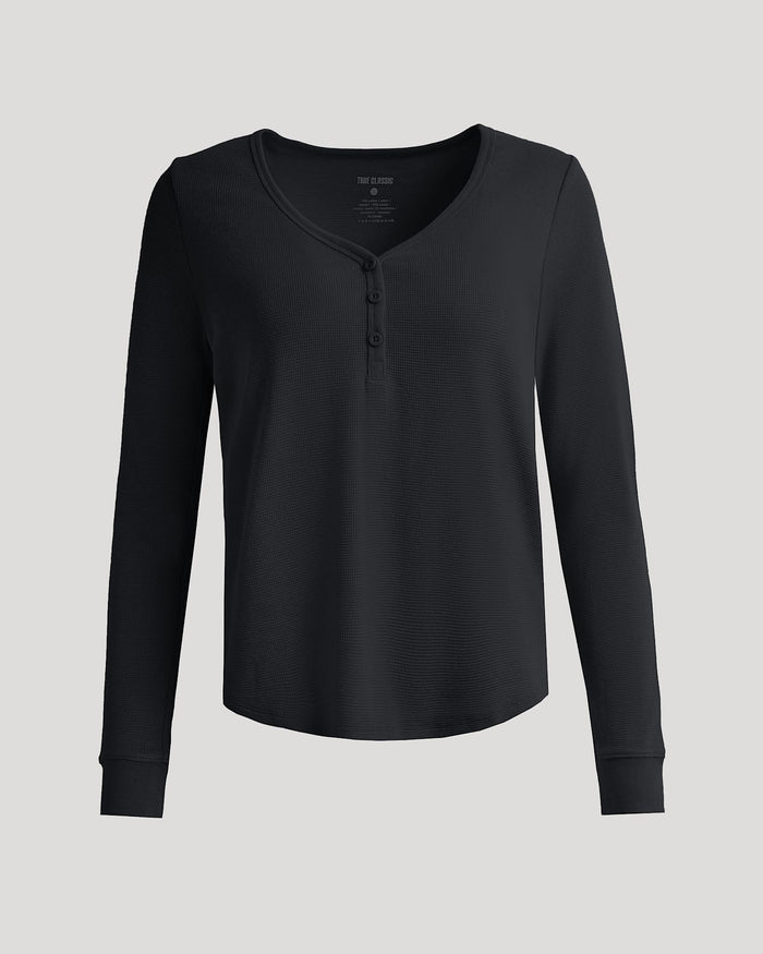 Womens Black Waffle Long Sleeve Boxy Henley with scoop neckline and button placket.