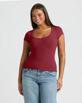 Womens Dark Maroon Ribbed U-Neck Tee worn with light jeans. MODEL_INFO: Jade is 5'9", wearing a size L