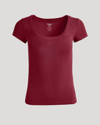 Womens Dark Maroon Ribbed U-Neck Tee with soft, stretchy texture.