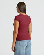 Womens Dark Maroon Ribbed U-Neck Tee, back view.