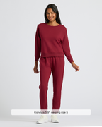Womens Dark Maroon Slouch Pullover Crew & Relaxed Jogger modeled.