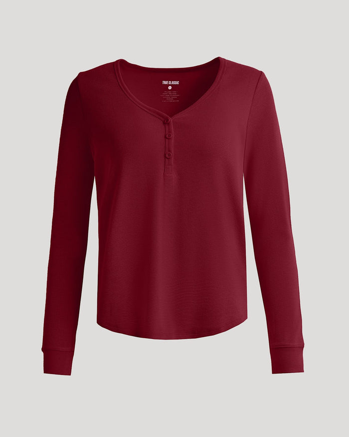 Womens Dark Maroon Waffle Long Sleeve Boxy Henley with button placket.