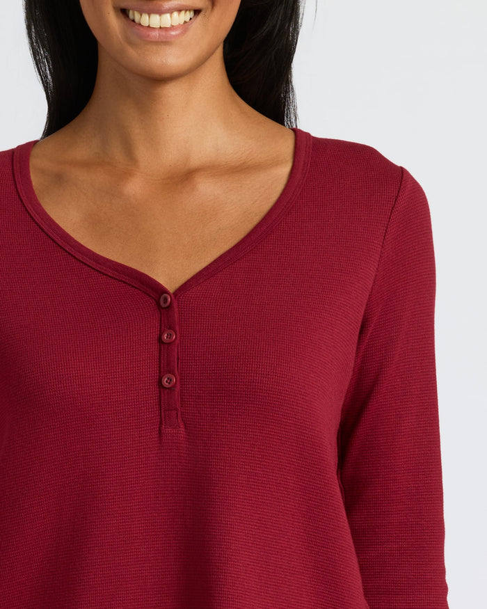 Womens Dark Maroon Waffle Long Sleeve Henley, close-up view.