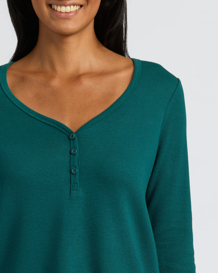 Woman in Waffle Long Sleeve Henley from Womens Deep Emerald Waffle 2-Pack.