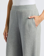 Womens Heather Gray Waffle Long Sleeve Henley & Waffle Leg Pant worn casually.