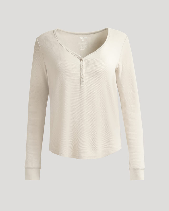 Womens Oatmeal Waffle Long Sleeve Boxy Henley with button placket.
