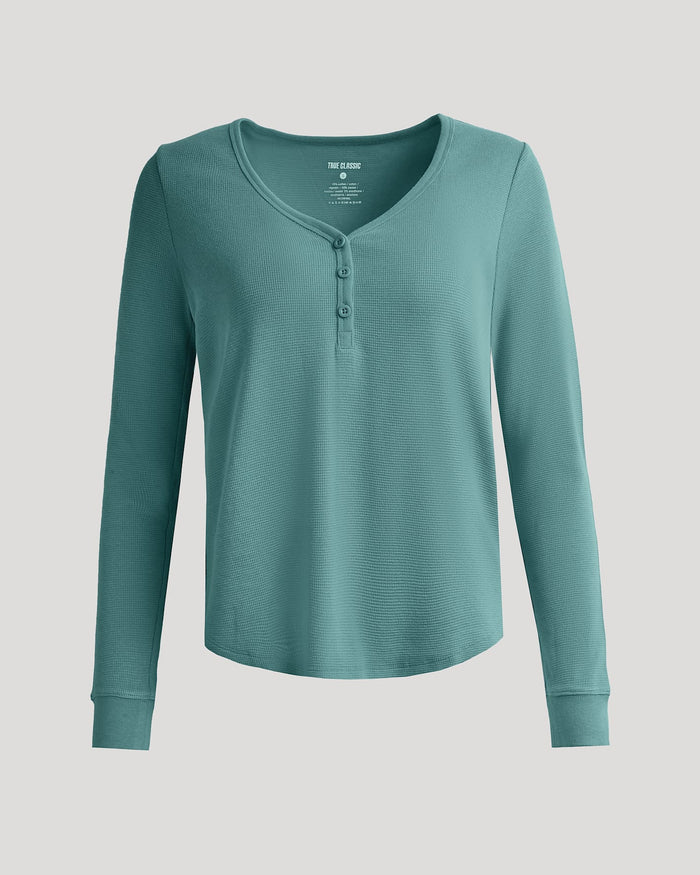 Womens Stormcloud Waffle Long Sleeve Boxy Henley with button placket.