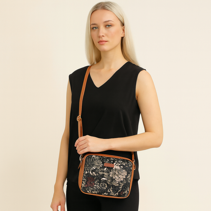 Women’s vintage tapestry vegan‑leather compact crossbody sling bag for everyday, travel, and casual outings — Canada & USA-model image