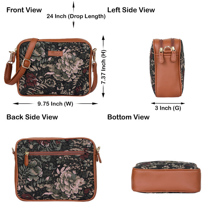 Women’s vintage tapestry vegan‑leather compact crossbody sling bag for everyday, travel, and casual outings — Canada & USA-infographic image