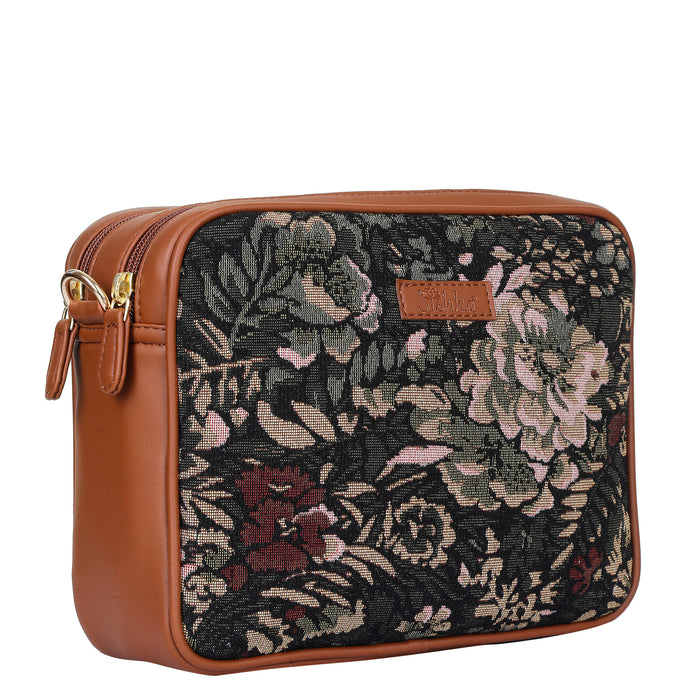 Women’s vintage tapestry vegan‑leather compact crossbody sling bag for everyday, travel, and casual outings — Canada & USA-half side view