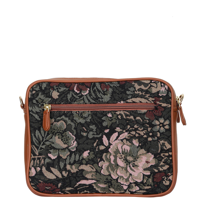 Women’s vintage tapestry vegan‑leather compact crossbody sling bag for everyday, travel, and casual outings — Canada & USA-back view