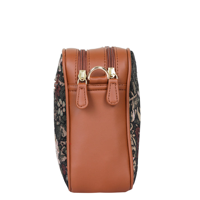 Women’s vintage tapestry vegan‑leather compact crossbody sling bag for everyday, travel, and casual outings — Canada & USA-side view