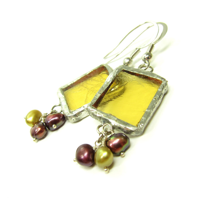 Yellow Stained Glass Earrings with Freshwater Pearls